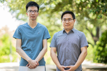 UT Dallas physics doctoral student Patrick Cheung (left) and Dr. Fan Zhang, associate professor of physics, demonstrated a quantum sensor that can determine the properties of a light wave.