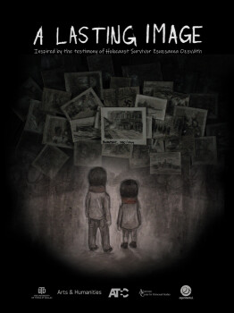 Animation poster with two children facing the photographs of their city in ruins