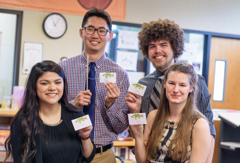 Last spring, UTeach Dallas students designed curricula to complement a bass conservation program. Recent graduates (from left) Magali Morales BS’17, Jonathon Sok BS’17, Connor Clements BA’17 and Kassie Newport-Forbes MAT’17 devised a fish-catching game aimed at helping middle school students learn about math and science.